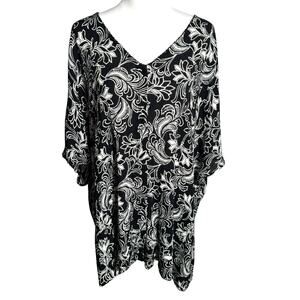 CATHERINES Women's 4X Black White Floral‎ Button Up Shirt Crinkle Lightweight